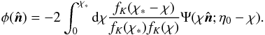 Mathematical equation: \begin{eqnarray} \phi(\hatn) = -2 \int_0^{\chi_*} {\rm d}\chi \frac{ f_K( \chi_* - \chi) }{ f_K(\chi_*) f_K(\chi)} \Psi(\chi \hatn; \eta_0 - \chi ). \label{eqn:lensing_deflection} \end{eqnarray}