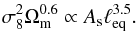 Mathematical equation: \begin{eqnarray} \sigma_8^2 \Omm^{0.6} \propto \As\elleq^{3.5}. \label{eq:s8omegamp25:lensonly} \end{eqnarray}