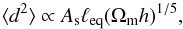 Mathematical equation: \begin{equation} \vardeflect \propto \As \elleq (\Omega_{\rm m} h)^{1/5} , \label{eq:dsqlensonly} \end{equation}