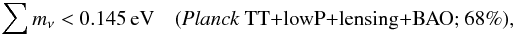 Mathematical equation: \begin{eqnarray} \sumnu < 0.145 \, {\rm eV} \quad(\text{\planckTT+lensing+BAO; 68\%}), \end{eqnarray}