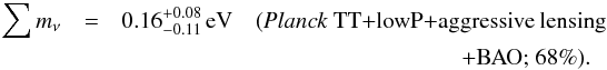 Mathematical equation: \begin{eqnarray} \sumnu &=& 0.16^{+0.08}_{-0.11} \,{\rm eV} \quad(\text{\planckTT+aggressive lensing} \nonumber \\ && \hspace{0.575\columnwidth}\text{+BAO; 68\%}). \end{eqnarray}