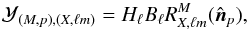 Mathematical equation: \appendix \setcounter{section}{1} \begin{eqnarray} \ptg_{ (\mind, p), (\hind, \ell m) } = H_{\ell} B_{\ell} R^{\mind}_{\hind, \ell m}( \hat{\boldvec{n}}_p ), \end{eqnarray}
