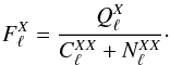 Mathematical equation: \appendix \setcounter{section}{1} \begin{eqnarray} F_{\elt}^{X} = \frac{Q_{\ell}^{X}}{C_{\ell}^{XX} + N_{\elt}^{XX}} \cdot \end{eqnarray}