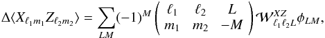 Mathematical equation: \appendix \setcounter{section}{1} \begin{eqnarray} \Delta \langle \fielda_{\elt_1 m_1} \fieldb_{\elt_2 m_2} \rangle = \sum_{\elp M} (-1)^{M} \threej{\elt_1}{\elt_2}{\elp}{m_1}{m_2}{-M} \Wlens^{\fielda \fieldb}_{\elt_1 \elt_2 \elp} \phi_{\elp M}, \label{eqn:qecov} \end{eqnarray}
