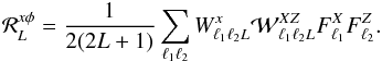 Mathematical equation: \appendix \setcounter{section}{1} \begin{eqnarray} {\cal R}_{\elp}^{x \phi} = \frac{1}{2(2\elp+1)} \sum_{\elt_1 \elt_2} W^{x}_{\elt_1 \elt_2 \elp} \Wlens^{X Z}_{\elt_1 \elt_2 \elp} F_{\elt_1}^{X} F_{\elt_2}^{Z}. \label{eqn:rlpp} \end{eqnarray}