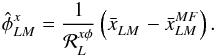 Mathematical equation: \appendix \setcounter{section}{1} \begin{eqnarray} \hat{\phi}^{x}_{LM} = \frac{1}{\resp_L^{x\phi}} \left( \bar{x}_{LM}^{\phantom{MF}} - \bar{x}_{LM}^{MF} \right). \label{eqn:phihat} \end{eqnarray}
