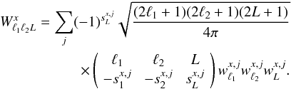 Mathematical equation: \appendix \setcounter{section}{1} \begin{eqnarray} W^{x}_{\elt_1 \elt_2 \elp} = \sum_{\isep} (-1)^{s^{x, \isep}_L} \sqrt{\frac{(2\elt_1 + 1)(2\elt_2 + 1)(2\elp+1)}{4\pi}} \nonumber\\ \times \threej{\elt_1}{\elt_2}{L}{-s_1^{x, \isep}}{-s_2^{x, \isep}}{s_{L}^{x, \isep}} w_{\elt_1}^{x, \isep} w_{\elt_2}^{x, \isep} w_{\elp}^{x, \isep}. \label{eqn:qeseparable} \end{eqnarray}