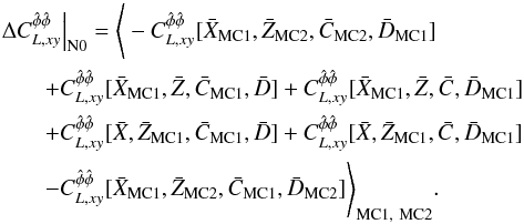 Mathematical equation: \appendix \setcounter{section}{1} \begin{eqnarray} &&\left. \Delta C_{L,xy}^{\hat{\phi}\hat{\phi}} \right|_{{\rm N0}} = \Bigg< - C_{\elp, xy}^{\hat{\phi}\hat{\phi}}[ \bar{X}_{{\rm MC1}}, \bar{Z}_{{\rm MC2}}, \bar{C}_{{\rm MC2}}, \bar{D}_{{\rm MC1}} ] \nonumber\\ &&\qquad + C_{\elp, xy}^{\hat{\phi}\hat{\phi}}[ \bar{X}_{{\rm MC1}}, \bar{Z}, \bar{C}_{{\rm MC1}}, \bar{D} ] + C_{\elp, xy}^{\hat{\phi}\hat{\phi}}[ \bar{X}_{{\rm MC1}}, \bar{Z}, \bar{C}_{}, \bar{D}_{{\rm MC1}} ] \nonumber\\ &&\qquad + C_{\elp, xy}^{\hat{\phi}\hat{\phi}}[ \bar{X}, \bar{Z}_{{\rm MC1}}, \bar{C}_{{\rm MC1}}, \bar{D} ] + C_{\elp, xy}^{\hat{\phi}\hat{\phi}}[ \bar{X}, \bar{Z}_{{\rm MC1}}, \bar{C}_{}, \bar{D}_{{\rm MC1}} ] \nonumber\\ &&\qquad- C_{\elp, xy}^{\hat{\phi}\hat{\phi}}[ \bar{X}_{{\rm MC1}}, \bar{Z}_{{\rm MC2}}, \bar{C}_{{\rm MC1}}, \bar{D}_{{\rm MC2}} ] \Bigg>_{{\rm MC1},\ {\rm MC2}}. \end{eqnarray}