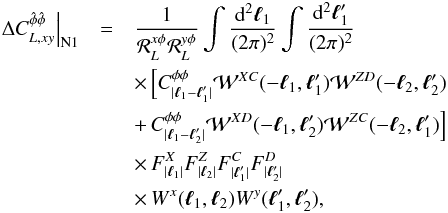 Mathematical equation: \appendix \setcounter{section}{1} \begin{eqnarray} \left. \Delta C_{L,xy}^{\hat{\phi}\hat{\phi}} \right|_{{\rm N1}} &=& \frac{1}{\resp_L^{x\phi} \resp_L^{y\phi}} \int \frac{{\rm d}^2 \vec{\elt}_1}{(2\pi)^2} \int \frac{{\rm d}^2 \vec{\elt}'_1}{(2\pi)^2} \nonumber\\ && \times\, \Big[ C^{\phi\phi}_{ | \vec{\elt}_1 - \vec{\elt}'_1 |} \Wlens^{XC}(-\vec{\elt}_1, \vec{\elt}'_1) \Wlens^{ZD}(-\vec{\elt}_2, \vec{\elt}'_2) \nonumber\\ &&+\, C^{\phi\phi}_{ | \vec{\elt}_1 - \vec{\elt}'_2 | } \Wlens^{XD}(-\vec{\elt}_1, \vec{\elt}'_2) \Wlens^{ZC}(-\vec{\elt}_2, \vec{\elt}'_1) \Big] \nonumber\\ &&\times\, F^{X}_{|\vec{\elt}_1|} F^{Z}_{|\vec{\elt}_2|} F^{C}_{| \vec{\elt}'_1 |} F^{D}_{| \vec{\elt}'_2 |} \nonumber\\&& \times\, W^{x} (\vec{\elt}_1, \vec{\elt}_2) W^{y} (\vec{\elt}'_1, \vec{\elt}'_2), \label{eq:None} \end{eqnarray}