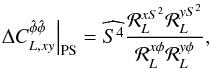 Mathematical equation: \appendix \setcounter{section}{1} \begin{eqnarray} \left. \Delta C_{\elp, xy}^{\hat{\phi}\hat{\phi}} \right|_{{\rm PS}} = \widehat{S^4} \frac{ {\cal R}_L^{x S^2} {\cal R}_L^{y S^2} }{ {\cal R}_L^{x \phi} {\cal R}_L^{y \phi} }, \end{eqnarray}