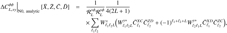 Mathematical equation: \appendix \setcounter{section}{1} \begin{eqnarray} \left. \Delta C_{\elp, xy}^{\phi\phi} \right|_{{\rm N0},\ {\rm analytic}}[\bar{X}, \bar{Z}, \bar{C}, \bar{D}] &=& \frac{1}{\resp_{\elp}^{x\phi} \resp_{\elp}^{y\phi}} \frac{1}{4(2\elp+1)} \nonumber\\ &&\times \sum_{\elt_1 \elt_2} W^{x}_{\elt_1 \elt_2 \elp} \Big( W^{y\ast}_{\elt_1 \elt_2 \elp} \bar{C}_{\elt_1}^{XC} \bar{C}_{\elt_2}^{ZD} + (-1)^{\ell_1 + \ell_2 + L} W^{y\ast}_{\elt_2 \elt_1 \elp} \bar{C}_{\elt_1}^{XD} \bar{C}_{\elt_2}^{ZC} \Big), \end{eqnarray}