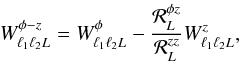 Mathematical equation: \appendix \setcounter{section}{2} \begin{eqnarray} W^{\phi - z}_{\elt_1 \elt_2 \elp} = W^{\phi}_{\elt_1 \elt_2 L} - \frac{ \resp_{\elp}^{\phi z} }{ \resp_{\elp}^{zz} } W^{z}_{\elt_1 \elt_2 L}, \label{eqn:wbiashardened} \end{eqnarray}