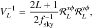 Mathematical equation: \appendix \setcounter{section}{3} \begin{eqnarray} V_L^{-1} = \frac{2L+1}{2 f^{-1}_{\rm sky}} \resp_{L}^{x \phi} \resp_L^{y \phi}, \end{eqnarray}