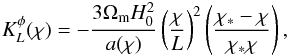 Mathematical equation: \appendix \setcounter{section}{4} \begin{eqnarray} K_\ellp^{\phi}(\chi) = -\frac{ 3 \Omega_{\rm m} H_0^2 }{a(\chi)} \left(\frac{\chi}{\ellp}\right)^2 \left( \frac{\chi_* - \chi}{\chi_* \chi} \right) , \end{eqnarray}