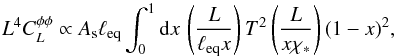 Mathematical equation: \appendix \setcounter{section}{5} \begin{equation} \ellp^4 \clpp \propto A_{\rm s} \elleq \int_0^1 {\rm d}x \, \left(\frac{\ellp}{\elleq x}\right) T^2 \left(\frac{\ellp}{x \chi_*}\right) (1-x)^2 , \label{eq:lenspower} \end{equation}