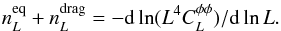 Mathematical equation: \appendix \setcounter{section}{5} \begin{equation} n_\ellp^{\rm eq}+n_\ellp^{\rm drag} = - {\rm d}\ln (\ellp^4 C_\ellp^{\phi\phi}) / {\rm d}\ln \ellp . \end{equation}