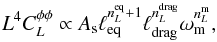 Mathematical equation: \appendix \setcounter{section}{5} \begin{equation} \ellp^4 \clpp \propto A_{\rm s} \elleq^{n_\ellp^{\rm eq} +1} \ell_{\rm drag}^{n_\ellp^{\rm drag}} \omega_{\rm m}^{n_\ellp^{\rm m}} , \label{eq:clppdependscales} \end{equation}