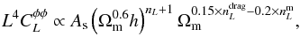 Mathematical equation: \appendix \setcounter{section}{5} \begin{equation} \ellp^4 \clpp\propto A_{\rm s} \left(\Omega_{\rm m}^{0.6} h\right)^{n_\ellp + 1} \Omega_{\rm m}^{0.15\times n_\ellp^{\rm drag}-0.2\times n_\ellp^{\rm m}} , \label{eq:clppdepend} \end{equation}