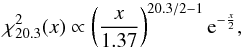 Mathematical equation: \begin{equation} \chi^2_{20.3}(x) \propto \left(\frac{x}{1.37}\right)^{20.3/2-1} {\rm e}^{-\frac{x}{2}}, \end{equation}