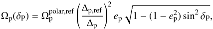 Mathematical equation: \begin{equation} \OmegaPlanet(\PlanetocentricPlanckLatitude) = \OmegaPlanetPolarRef \left(\frac{\DeltaPlanetRef}{\DeltaPlanet}\right)^2 \PlanetFlattening \sqrt{1-(1-\PlanetFlattening^2)\sin^2\PlanetocentricPlanckLatitude}, \end{equation}