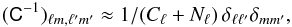 Mathematical equation: \begin{eqnarray} (\tens C^{-1})_{\ell m,\ell' m'}\approx 1/(C_\ell + N_\ell)\,\delta_{\ell \ell'} \delta_{mm'}\label{Cov_diag}, \end{eqnarray}