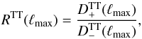Mathematical equation: \begin{equation} \label{eq:pointparity} R^\mathrm{TT}(\ell_\mathrm{max}) = \frac{D^\mathrm{TT}_+(\ell_\mathrm{max})}{D^\mathrm{TT}_-(\ell_\mathrm{max})}, \end{equation}