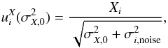Mathematical equation: \begin{equation} \label{normalizedCMBmap} u^X_i(\sigma^2_{X,0}) = \frac{X_i}{\sqrt{\sigma^2_{X,0}+\sigma^2_{i,\mathrm{noise}}}} , \end{equation}