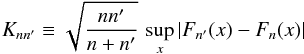 Mathematical equation: \begin{equation} \label{eq:peaks:ks2sample} K_{nn'} \equiv \sqrt{\frac{nn'}{n+n'}}\, \mathop{\text{sup}}\limits_{x} \left|F_{n'}(x) - F_n(x)\right| \end{equation}