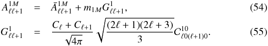Mathematical equation: \begin{eqnarray} \label{biposh_modulation} A^{1M}_{\ell \ell+1}&=&\bar{A}^{1M}_{\ell \ell+1} + m_{1M}G^{1}_{\ell \ell+1}, \\ G^{1}_{\ell \ell+1}&=&\frac{C_{\ell}+C_{\ell+1}}{\sqrt{4 \pi}} \sqrt{\frac{(2\ell+1)(2\ell+3)}{3}} \mathcal{C}^{10}_{\ell 0 (\ell+1) 0} . \label{modest} \end{eqnarray}