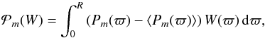 Mathematical equation: \begin{equation} \bandp{m}(W) = \int_0^R \left(P_m(\varpi) - \langle P_m(\varpi) \rangle \right)W(\varpi) \, \dd\varpi , \label{eq:oriented_stacking_Pm} \end{equation}