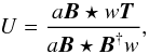 Mathematical equation: \appendix \setcounter{section}{1} \begin{equation} U = \frac{ a\vec{B} \star w\vec{T} }{a\vec{B} \star \vec{B}^{\dagger} w}, \end{equation}