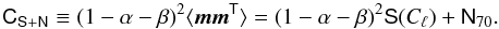 Mathematical equation: \begin{equation} \tens{C}_{\tens{S}+\tens{N}} \equiv (1-\alpha-\beta)^2 \langle \vec{m} \vec{m}^\tens{T} \rangle = (1-\alpha-\beta)^2 \tens{S}(C_\ell)+ \tens{N}_{70} .\label{CSN_alphabeta} \end{equation}