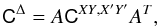 Mathematical equation: \appendix \setcounter{section}{3} \begin{eqnarray} \tens{ C}^{\mathrm{\Delta}} = A\tens{ C}^\mathit{XY,X'Y'}A^T , \end{eqnarray}