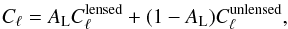 Mathematical equation: \appendix \setcounter{section}{3} \begin{eqnarray} C_\ell = \Alens C_\ell^{\rm lensed} + (1-\Alens)C_\ell^{\rm unlensed}, \end{eqnarray}
