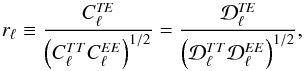 Mathematical equation: \appendix \setcounter{section}{5} \begin{eqnarray} r_\ell \equiv \frac{C_\ell^{\textit{TE}}} {\left({C_\ell^{TT}C_\ell^{EE}}\right)^{1/2}} = \frac{{\cal D}_\ell^{\textit{TE}}} {\left({{\cal D}_\ell^{TT}{\cal D}_\ell^{EE}}\right)^{1/2}}, \label{eq:Pearson} \end{eqnarray}
