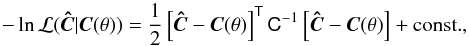 Mathematical equation: \begin{equation} -\ln{\cal L}(\vec{\hat C} | \vec{C}(\theta)) = \frac{1}{2} \left[\vec{\hat C} - \vec{C}(\theta)\right]^{\tens{T}} \tens{C}^{-1} \left[\vec{\hat C} - \vec{C}(\theta)\right] + {\rm const.}, \label{eq:basic-likelihood} \end{equation}