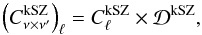 Mathematical equation: \begin{equation} \left( C^{\rm kSZ}_{\nu\times\nu'}\right)_{\ell} = C_{\ell}^{\rm kSZ} \times {\cal D}^\mathrm{kSZ} , \label{eq:kSZ} \end{equation}