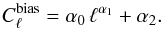 Mathematical equation: \begin{equation} C^{\mathrm{bias}}_{\ell} = \alpha_0 \, \ell^{\alpha_1} + \alpha_2 . \label{eq:plik_hrd_noise_bias} \end{equation}