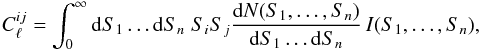 Mathematical equation: \begin{eqnarray} \label{eq:clpoisson} C_\ell^{ij} = \int_0^\infty {\rm d}S_1 \ldots {\rm d}S_n \; S_i S_j \frac{{\rm d}N(S_1,\ldots,S_n)}{{\rm d}S_1\ldots {\rm d}S_n} \, I(S_1,\ldots,S_n) , \end{eqnarray}