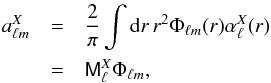 Mathematical equation: \begin{eqnarray} \label{eq:fnl_los_integral} a_{\ell m}^{X} &=& \frac{2}{\pi} \int {\rm d}r \, r^2 \Phi_{\ell m}(r) \alpha_{\ell}^{X}(r) \nonumber \\ &=& \tens{M}_{\ell}^{X} \Phi_{\ell m} , \end{eqnarray}