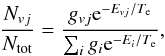 Mathematical equation: \begin{equation} \frac{N_{vj}}{N_{\rm tot}}=\frac{ g_{vj} {\rm e}^{-E_{vj}/T_{\rm e}} }{ \sum_{i} g_{i} {\rm e}^{-E_{i}/T_{\rm e}} } \label{Boltzmann} , \end{equation}
