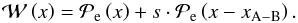 Mathematical equation: \appendix \setcounter{section}{1} \begin{equation} \mathcal{W}\left(x\right)= \mathcal{P}_{\rm e}\left(x\right)+s\cdot\mathcal{P}_{\rm e}\left(x-x_{\rm A-B}\right) \label{eq:mp} . \end{equation}
