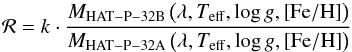 Mathematical equation: \appendix \setcounter{section}{1} \begin{equation} \mathcal{R}=k\cdot \frac{M_{\mathrm{HAT-P-32B}}\left(\lambda,T_\mathrm{eff},\log g, \left[\mathrm{Fe/H}\right]\right)}{M_{\mathrm{HAT-P-32A}}\left(\lambda,T_\mathrm{eff},\log g, \left[\mathrm{Fe/H}\right]\right)} \label{eq:pspecmodel} \end{equation}