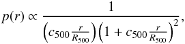 Mathematical equation: \begin{eqnarray} p(r) \propto \frac{1}{\left( c_{500}\frac{r}{R_{500}} \right) \left( 1 + c_{500}\frac{r}{R_{500}} \right)^2 }, \label{cibpro} \end{eqnarray}