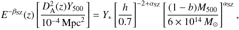 Mathematical equation: \begin{eqnarray} E^{-\beta_{\rm SZ}}(z) \left[\frac{D^2_{\rm A}(z) {Y}_{500}}{10^{-4}\,{\rm Mpc}^2} \right] = Y_\ast \left[ \frac{h}{0.7} \right]^{-2+\alpha_{\rm SZ}} \left[\frac{(1-b) M_{500}}{6 \times 10^{14}\,{M_{\odot}}}\right]^{\alpha_{\rm SZ}}, \label{szlaw} \end{eqnarray}