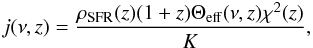 Mathematical equation: \begin{eqnarray} j(\nu,z) = \frac{\rho_{\rm SFR}(z) (1+z) \Theta_{\rm eff}(\nu,z) \chi^2(z)}{K}, \end{eqnarray}