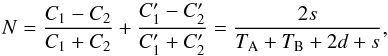 Mathematical equation: \begin{equation} N = \frac{C_1-C_2}{C_1+C_2} + \frac{C'_1-C'_2}{C'_1+C'_2}= \frac{2s}{T_{\rm A}+T_{\rm B}+2d+s}, \end{equation}