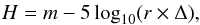 Mathematical equation: \begin{eqnarray} H=m-5\log _{10}(r \times \Delta) , \label{eq:abso} \end{eqnarray}
