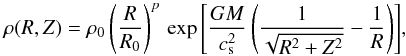 Mathematical equation: \begin{equation} \rho(R,Z) = \rho_0 \left( \frac{R}{R_0} \right)^p \, \exp{ \left[ \frac{G M}{c_{\rm s}^2}\left( \frac{1}{\sqrt{R^2 + Z^2}} - \frac{1}{R} \right) \right]} , \label{eq:rho2d} \end{equation}
