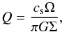 Mathematical equation: \begin{equation} Q = \frac{c_{\rm s} \Omega}{\pi G \Sigma} , \end{equation}